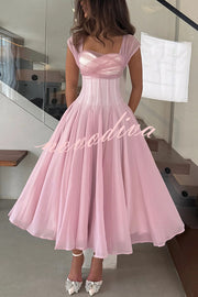 Elegant Sleeveless Waist-cinching Tulle Full-hem Maxi Dress