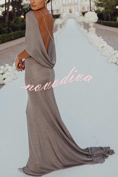 Fit and Elegance Fine Shimmering Fabric Open Cowl Back Draped Neckline Maxi Dress