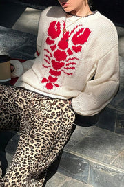 Fashion Lobster Print Crew Neck Casual Knitted Sweater