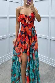 Loving Moment Gradient Unique Print Flowing Layered Ruffles Strapless Slit Maxi Dress