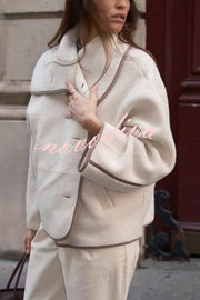 Romane Faux Fleece Fabric Contrast Trim Long Sleeve Knitted Pocket Lapel Loose Jacket