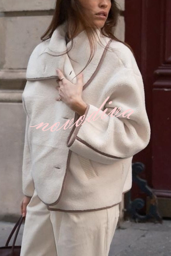 Romane Faux Fleece Fabric Contrast Trim Long Sleeve Knitted Pocket Lapel Loose Jacket