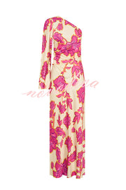 Rhia Satin Floral Print One Shoulder Flared Maxi Dress