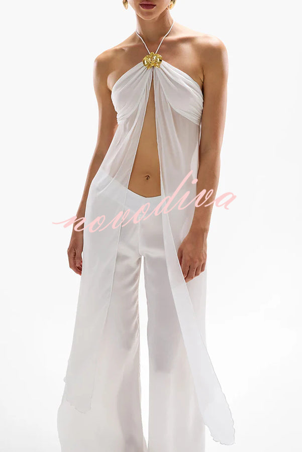 Lily Metal Flower Front Slit Halter Midi Top and V-waist Wide Leg Pants Set