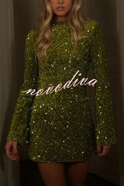 Dora Velvet Sequin High Neck Long Bell Sleeve H-line Mini Dress