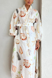 Swinton Marine Element Print  Pocket Balloon Sleeve Belted Maxi Dress