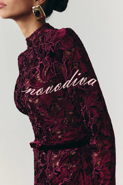 Diane Velvet Embroidered Floral Lace Long Sleeve Belt Scallop Edge Midi Dress