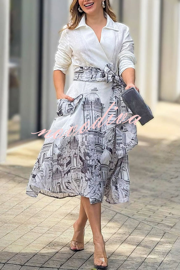 Jiles Linen Blend Unique Contrast Print Long Sleeve Tie-up Pocket Shirt Midi Dress