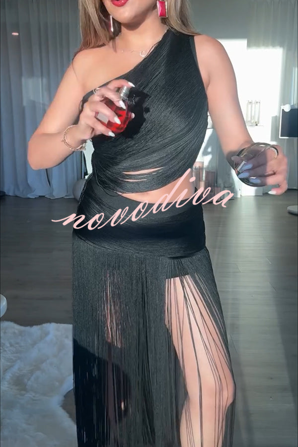 Dancing Miracle One Shoulder High Waist Hollow Design Tassel Hem Drape Mini Dress