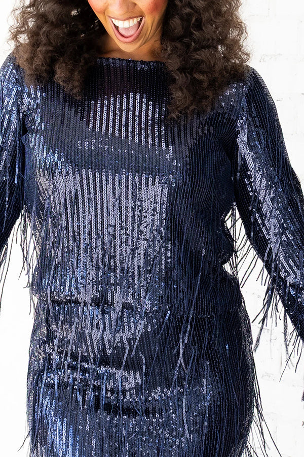 Insight Blueberry Sequin Fringe Long Sleeve Blouse