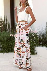 Holiday Style Holiday Print Casual Short-sleeved Shirt and Elastic Waist Loose Pocket Wide-leg Pants Set