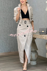 Work Style Lapel Long Sleeve Jacket and Button Belt Pocketed Slit Midi Skirt Set