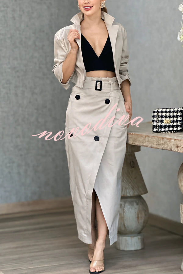 Work Style Lapel Long Sleeve Jacket and Button Belt Pocketed Slit Midi Skirt Set