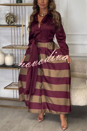 Lindsey Satin Colorblock Contrast Long Sleeve Belted Shirt Maxi Dress