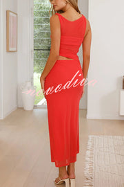 Solid Color Mesh Splicing Waist-baring Slim Maxi Dress