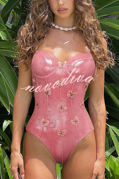 Solid Color Shiny Fabric Sweet Butterfly Decoration Stretch One-piece Swimsuit