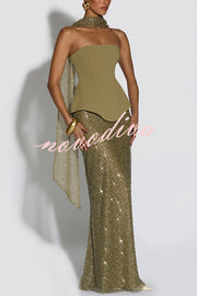 Oakley Corset Strapless Top and Sequin High Rise Maxi Skirt Scarf Set