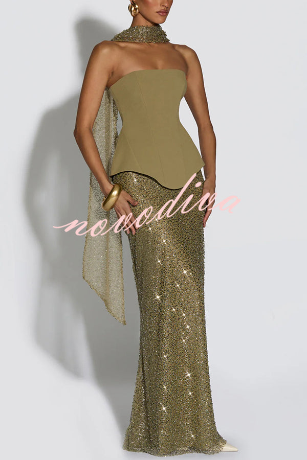 Oakley Corset Strapless Top and Sequin High Rise Maxi Skirt Scarf Set