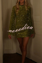 Dora Velvet Sequin High Neck Long Bell Sleeve H-line Mini Dress