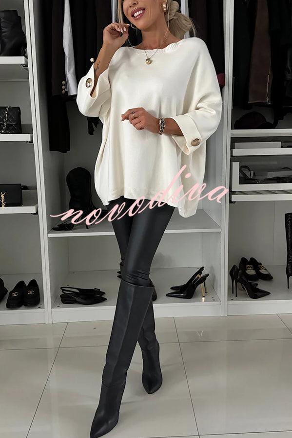 Elegance and Modern Knit Button Detail Half Sleeve Loose Sweater