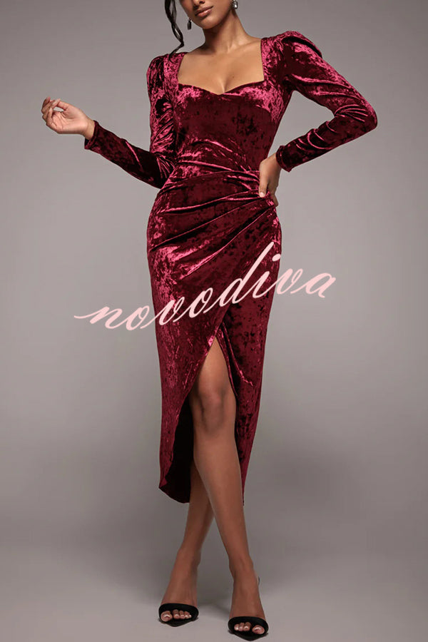 Solid Color Velvet Long-sleeved Slim-fit Slit Midi Dress