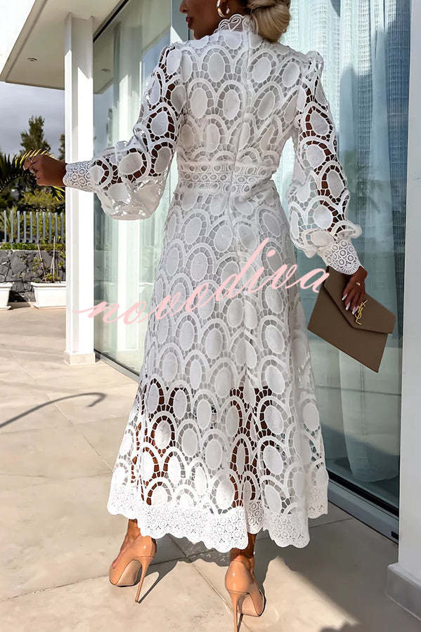 Romantic, Sensual and Elegant Crochet Lace Lantern Sleeve Party Midi Dress