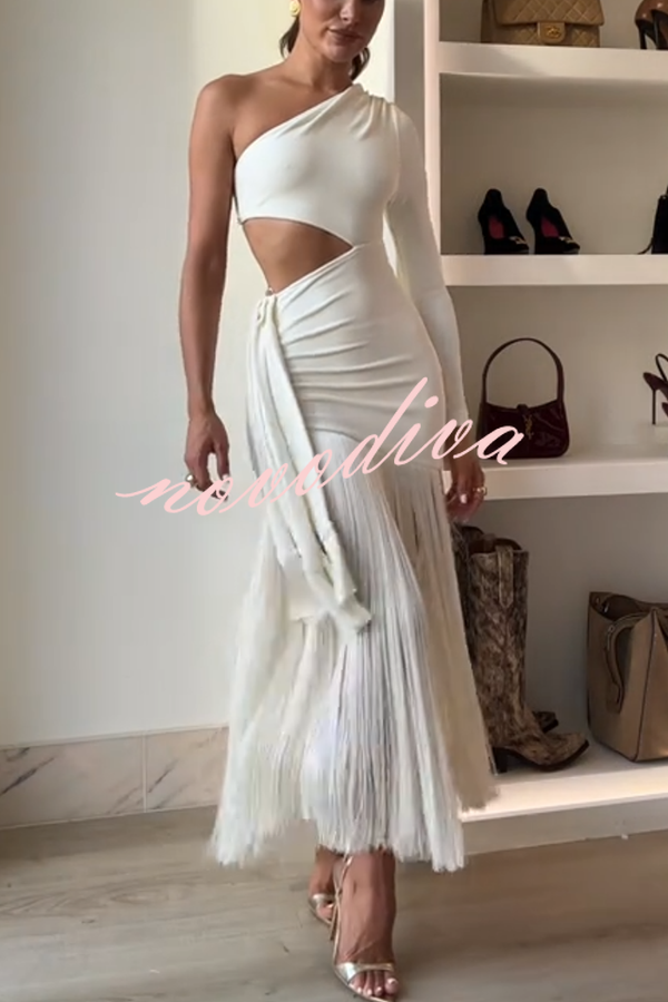 Amazing Type One Shoulder Cutout Drape Tassle Trim Stretch Maxi Dress