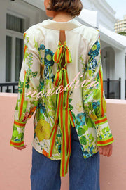 Antibes Satin Floral Print Back Tie-up Button Down Oversized Blouse