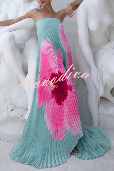 All about Her Pleated Floral Print Off Shoulder A-line Maxi Dress