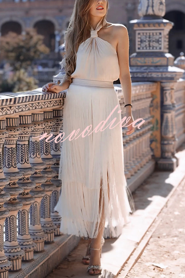 Elegant Tassel Hem Elastic Waist Casual Maxi Skirt