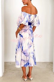 Floral Print Elegant Puff Sleeve Tie-Waist Midi Dress