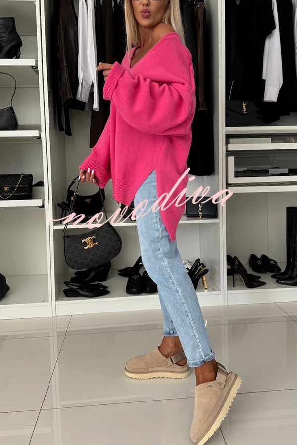 Cold Weather Knit Solid Color Long Sleeve V-neck Irregular Relaxed Sweater