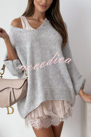 Solid Color Loose V-neck Casual Knitted Sweater