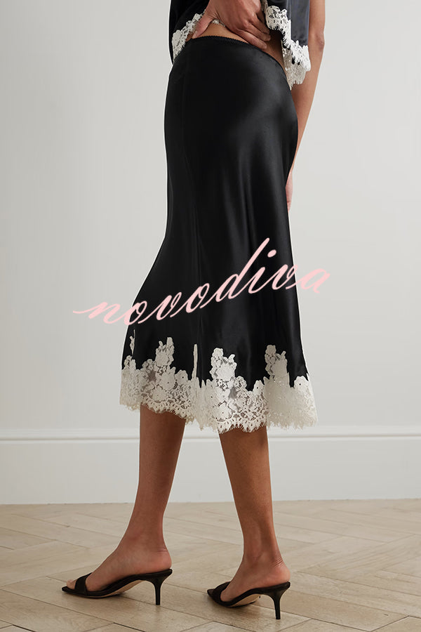 Celebration Look Contrast Color Satin Lace Trim Elastic Waist Drape Midi Skirt