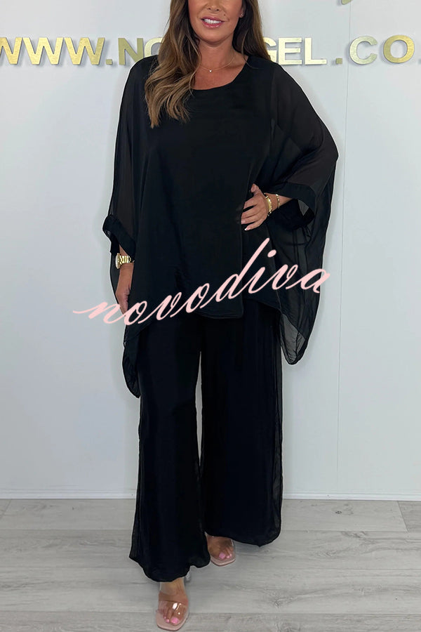 Solid Color Round Neck Loose Bat Sleeve Top and Elastic Waist Wide Leg Pants Set