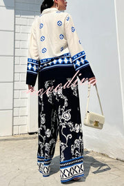 Unique Printed Lapel Long-sleeved Loose Top and Elastic Waist Casual Wide-leg Pants Set