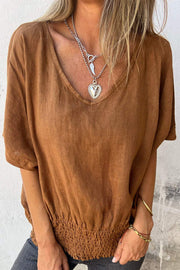 Linen Blend Solid Color V-neck Loose Pleated Casual Top