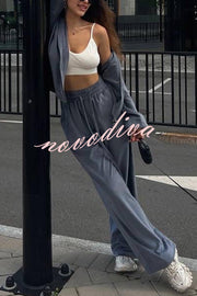 Velvet Casual Zip-up Hooded Top and Elastic Waist Wide Leg Pants Set