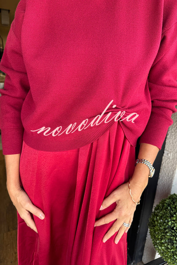 Practical Fashion Knit Ruched Sweater and Satin Stretch Tank Midi Dress Two-piece Set