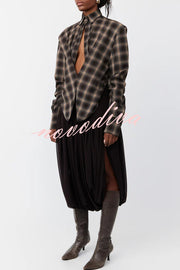 Vintage Plaid Shoulder Pad Buttons Long Sleeve Angled Hem Shirt