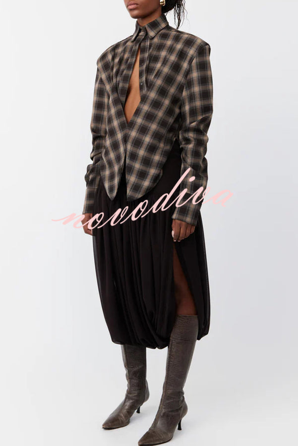 Vintage Plaid Shoulder Pad Buttons Long Sleeve Angled Hem Shirt