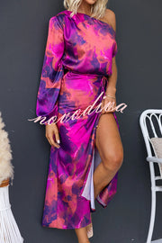 Winona Satin Floral Print One Shoulder Balloon Sleeve Tie-up Maxi Dress