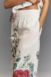 In To The Summer Linen Blend Floral Print Elastic Bandeau and Elastic Waist Pocket Loose Pants Set