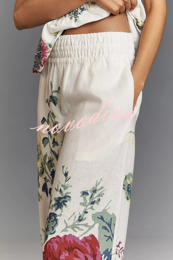 In To The Summer Linen Blend Floral Print Elastic Bandeau and Elastic Waist Pocket Loose Pants Set