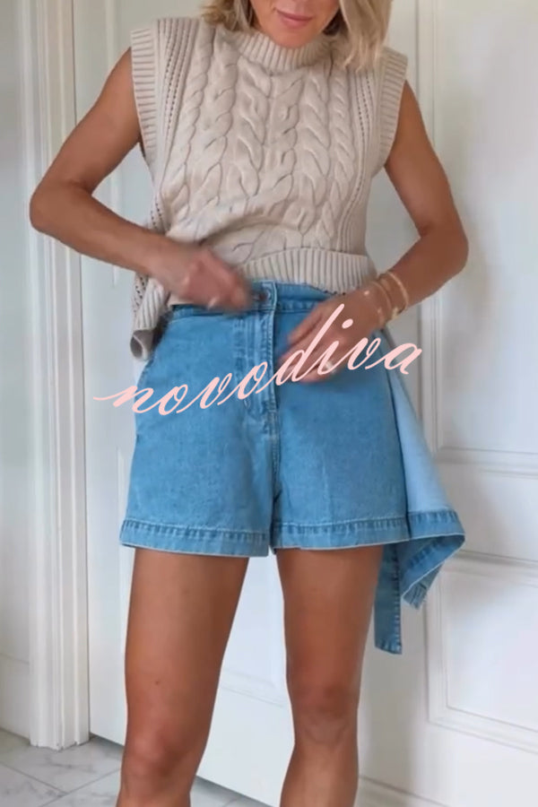 Fall for That Denim Faux Wrap Buckle Tie Pocketed Mini Shorts