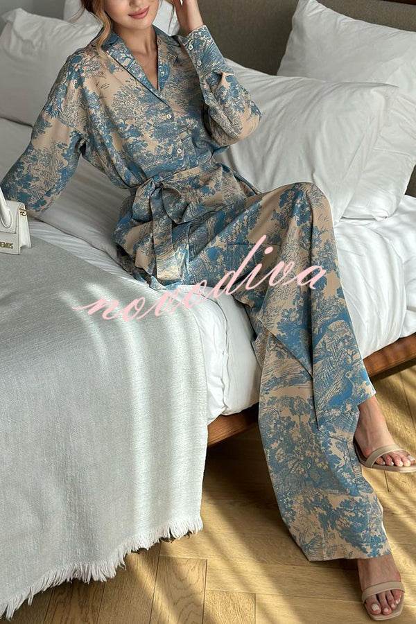 Unique Print Long-sleeved Tie Shirt and Elastic High-waist Wide-leg Pants Set