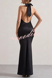 Solid Color Halter Neck Tie Sexy Backless Slim Maxi Dress