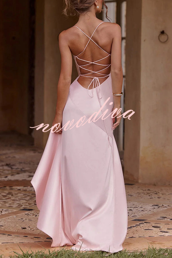 Samira Satin Back Lace-up Ruffles High Low Slit Maxi Dress