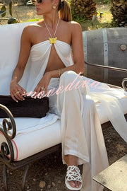 Lily Metal Flower Front Slit Halter Midi Top and V-waist Wide Leg Pants Set