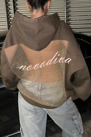 Fashionable Shiny Mesh Hollow Back Loose Long-sleeved Hooded Sweatshirt